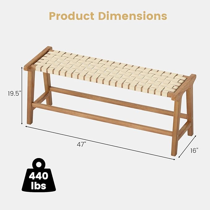 Tangkula Teak Wood Outdoor Bench, Patio Backless Wooden Dining Bench with Weave Seat, Solid Wood Legs, Indoor & Outdoor Wooden Bench for Porch, Backyard, Deck, Entryway (Natural,2)