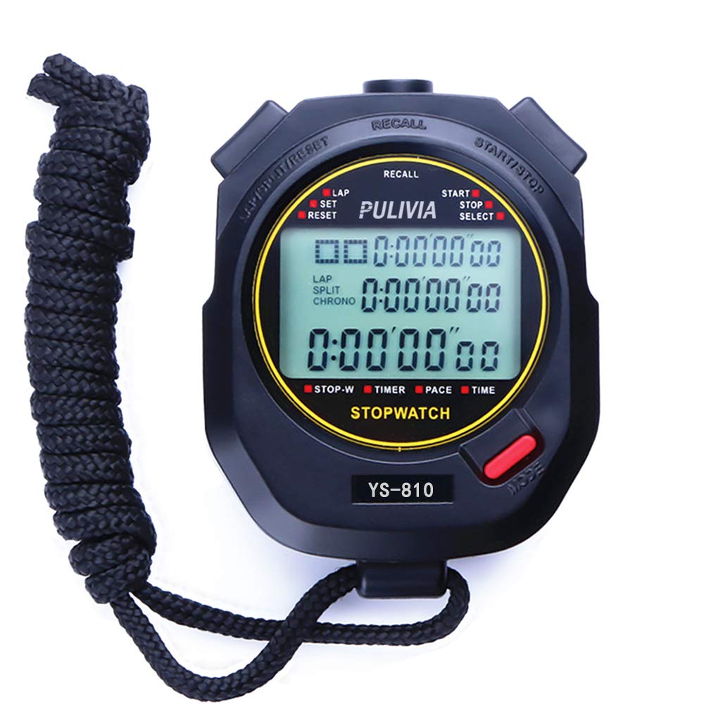 PULIVIA Sports Stopwatch Timer 10 Lap Split Memory Digital Stop Watch, Countdown Timer Pace Mode 12/24 Hour Clock Calendar with Alarm, 3 Rows Display Large Screen Water Resistant Battery Included