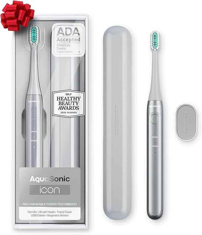 Aquasonic Icon ADA-Accepted Rechargeable Toothbrush | Magnetic Holder & Slim Travel Case | 2 Brushing Modes & Smart Timers | Gentle Micro-Vibrations (Stone)