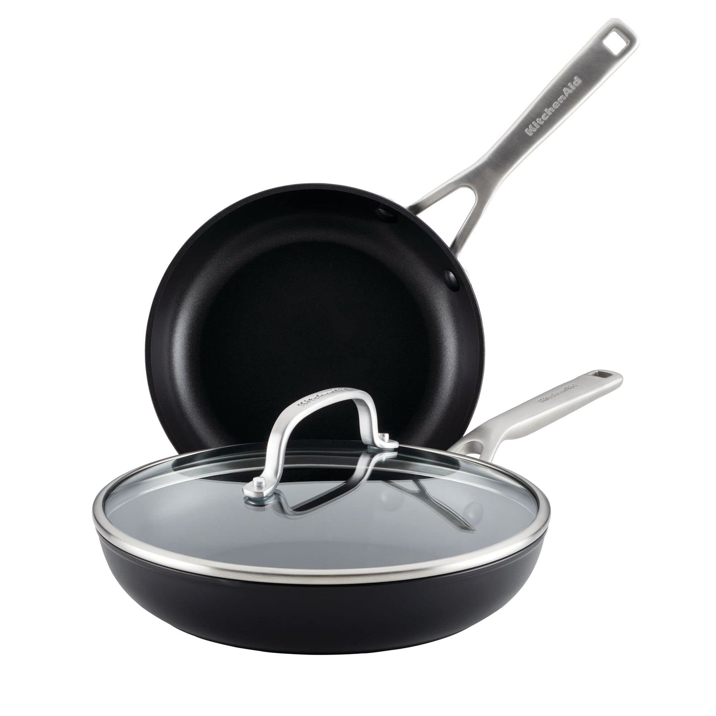 KitchenAid Hard Anodized Induction Nonstick Frying Pan Set With Lid, 3-Piece – 8 & 10 Inch Skillets, Durable, Even Heating, Dishwasher & Oven Safe, Easy-Clean, Matte Black