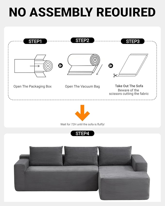 97" Cloud Sectional Couch,Modern Modular Sectional Sofa with Deep Seat,Corduroy Boneless Couches with L-Shape Chaise for Living Room Bedroom,No Assembly Required (Grey, 97" Right Facing Chaise)