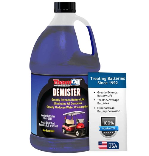 Thermoil® De-Mister Eliminates Golf Cart Corrosion Greatly Extends Battery Life Greatly Reduces Water Consumption & Toxic Fumes Treats Five 6, 8, or 12 Volt Battery. Made in USA, Jug (64 OZ)