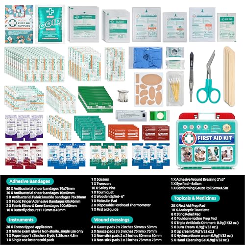 SuccorWare 225 Pieces First Aid Kit, Includes Ice Pack, Adhesive Bandages, Wound Gauze Pads, Portable First Aid Bag for Ho...
