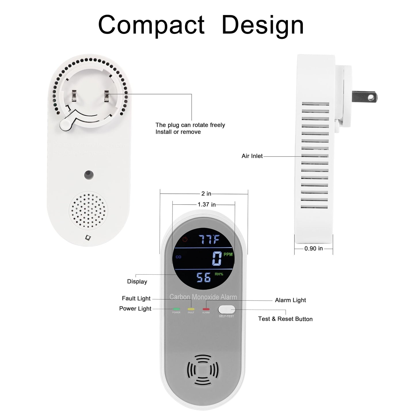 3 Packs Carbon Monoxide Detector Plug in, Carbon Monoxide Alarm,Real-time Digital Display 3-in-1 Level: PPM,°F & Humidity, CO Detector Monitor Alarm for Home,RV,Apartment