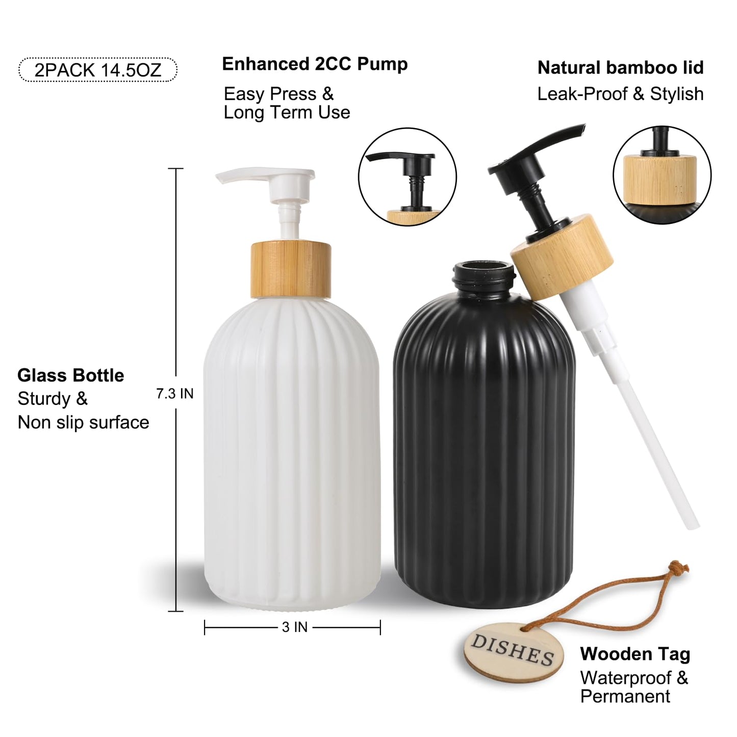 2 Pack ViserVita Glass Hand Soap Dispenser Set with Bamboo Pump, Elegant Refillable Liquid Dish Soap Dispenser, Perfect for Kitchen Sink and Bathroom Decor