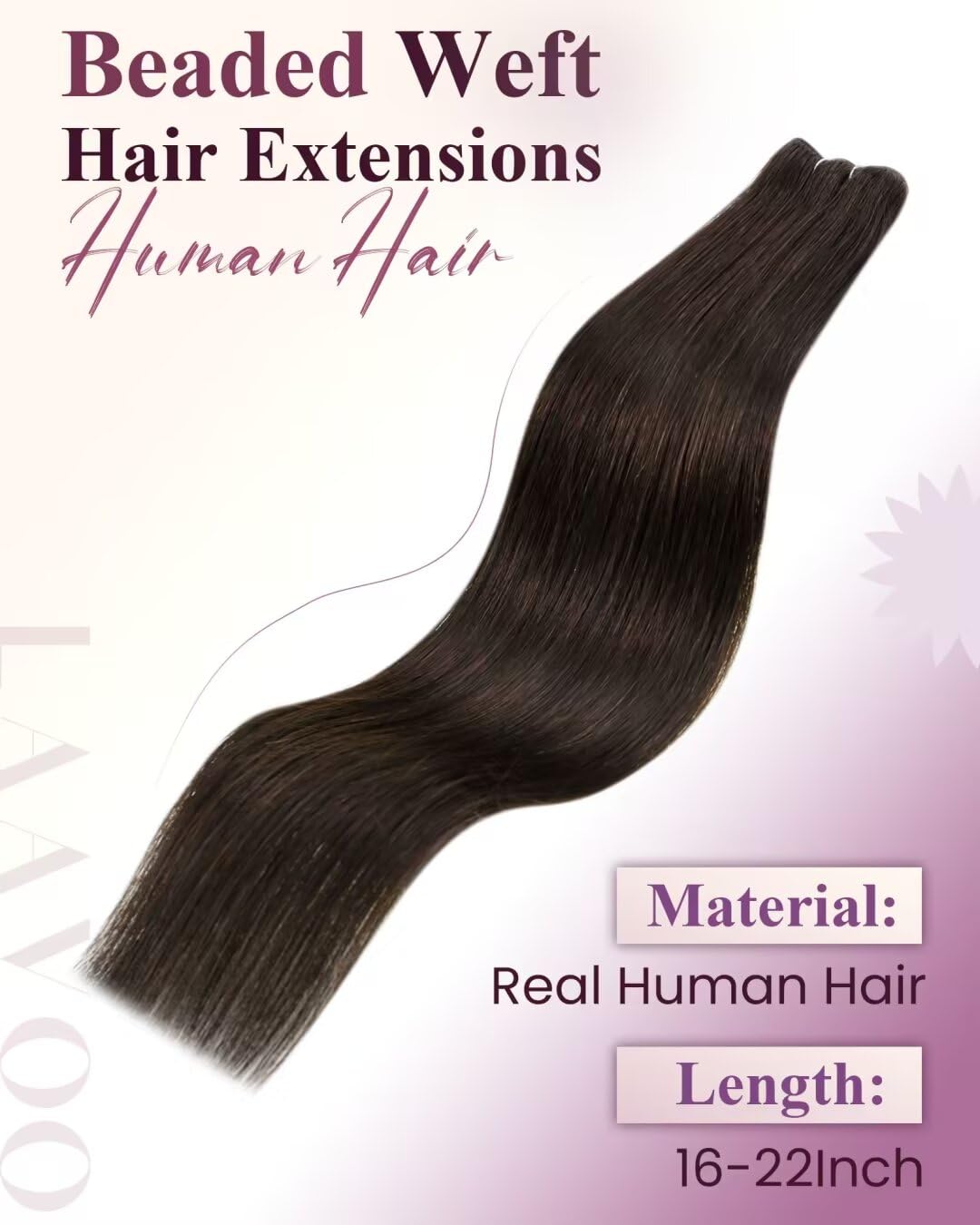 LaaVoo Beaded Weft Hair Extensions Human Hair Weft Extensions Darkest Brown Beaded Hair Extensions Real Human Hair 18inch 50g