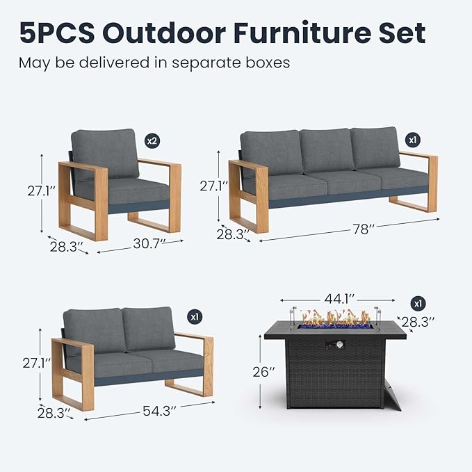 5 Pieces Aluminum Patio Furniture Set, Outdoor Conversation Sets with High Backrest Sofa and Fire Pit Table for Garden and Backyard