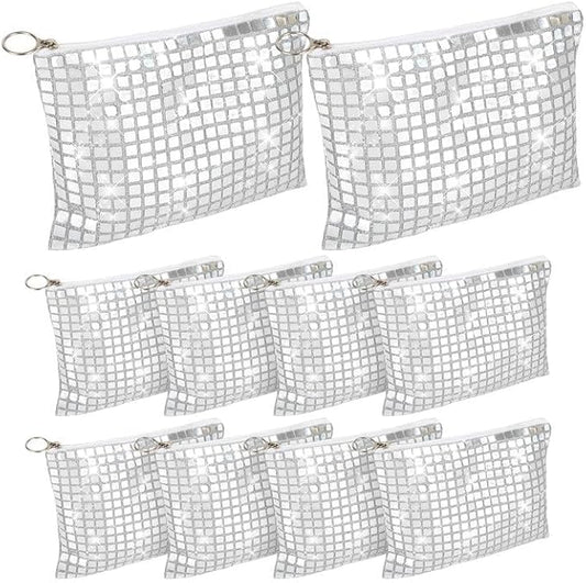 10 Pcs Disco Cosmetic Bags for Women 7.8 x 6.6 Inch Disco Makeup Bags Bachelorette Party Favors Bag Silver Sequins Makeup ...