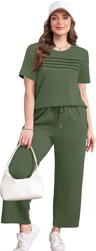 WIHOLL Two Piece Sets for Women Summer Travel Vacation Outfits Short Sleeve Lounge Sets Side Slit Wide Leg Pants S-3XL