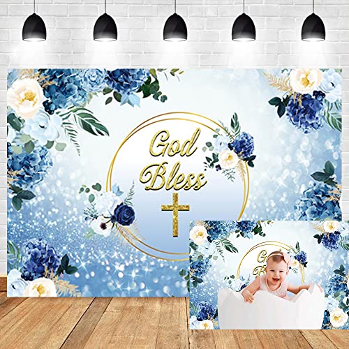 OERJU 10x6.5ft God Bless Backdrop Blue Floral Flowers First Holy Communion Photography Background Baptism Christening Boys...