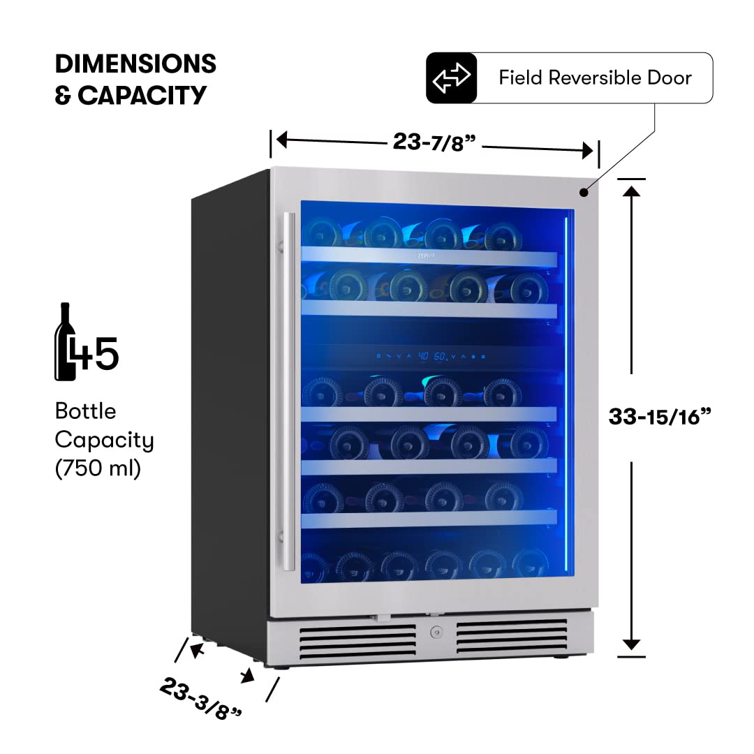Zephyr Presrv 24" Wine Fridge Dual Zone Under Counter - Countertop Mini Wine Cooler Cellars Small Cabinet Wine Refrigerator Home Bar Chiller Freestanding with Glass Door, 45 Bottles 750ml
