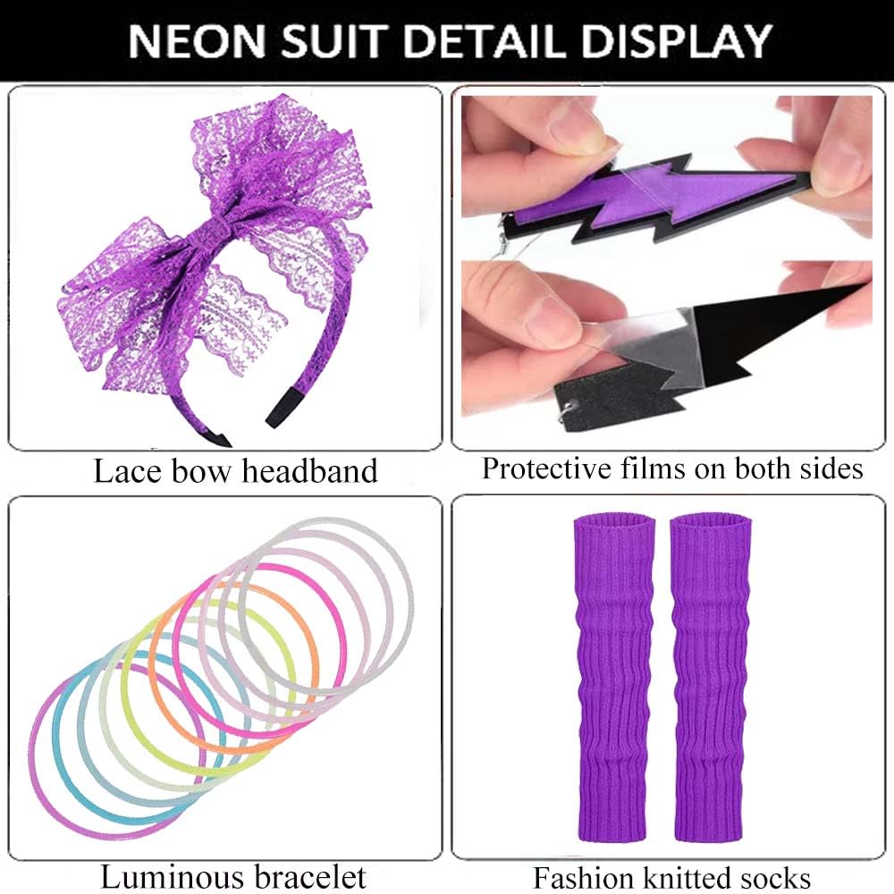 GDXINYES 22 Pieces Halloween Women 80s Costume Accessories Set 80s Cosplay costume for women 1980s outfits 80's costume outfits (Purple+Black Leggings 3XL)