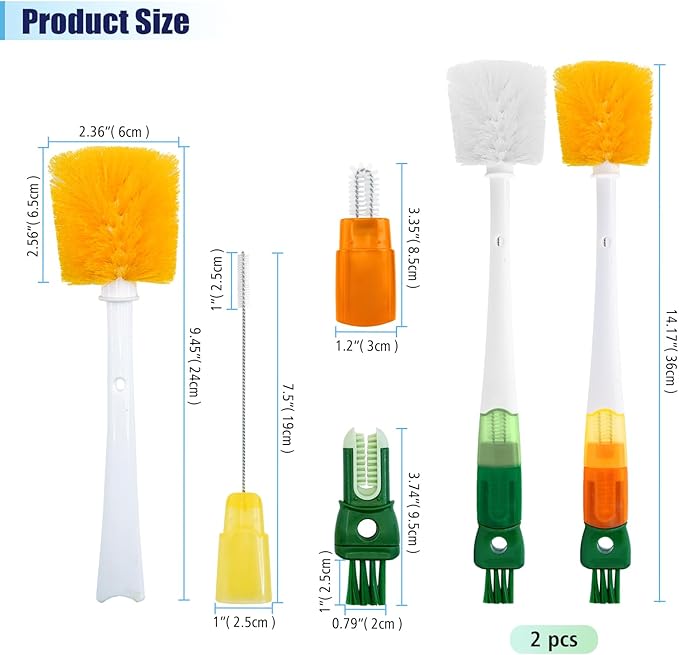 5-in-1 Bottle Brush Set(2Pcs Green & Orange), Long Handle Bottle Cleaning Brush Straw Brush Nipple Brush Hard-corner Brush for Sports Water Bottles Caps Mugs Glasswares Tumblers Wine Decanters