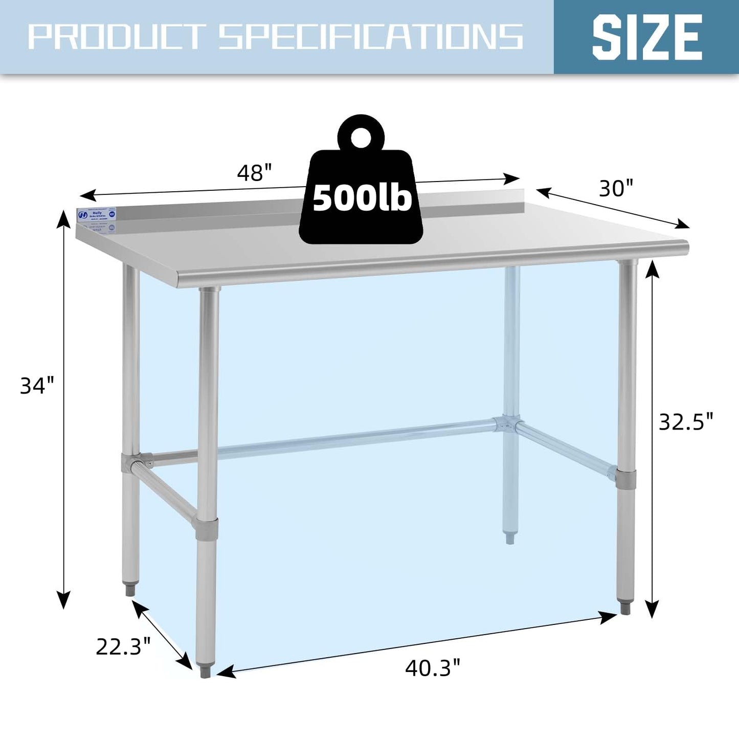 Hally Open Base Stainless Steel Table 30 x 48 Inches, NSF Commercial Heavy Duty Prep & Work Table with Backplash and Galvanized Legs for Restaurant, Home and Hotel