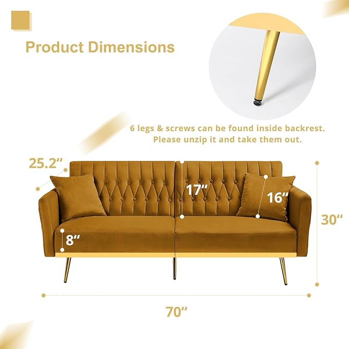 ACMEASE 70” Velvet Futon Sofa Bed with 2 Pillows and Adjustable Armrests, Convertible Sleeper Bed W/Adjustable Backrests, Modern Loveseat for Living Room, Bedroom, Ginger