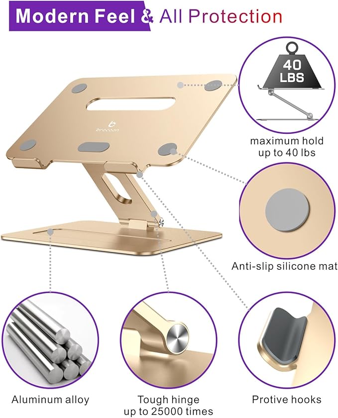 brocoon Adjustable MacBook Laptop Stand for Desk | Ergonomic Aluminum Laptop Riser with Heat-Vent, Compatible for 10-17" Laptops, Macaroon Gold