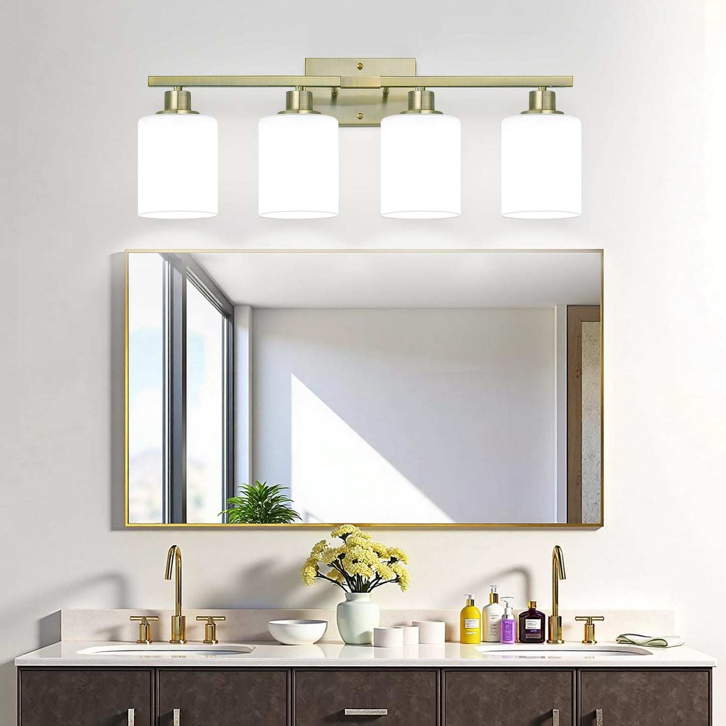 MOKATNG 4-Light Bathroom Light Fixtures, Aged Brass Vanity Light with Milky White Shades, Bathroom Lighting Fixtures Over Mirror, Modern Bathroom Wall Lamp for Mirror Living Room Cabinet Bedroom