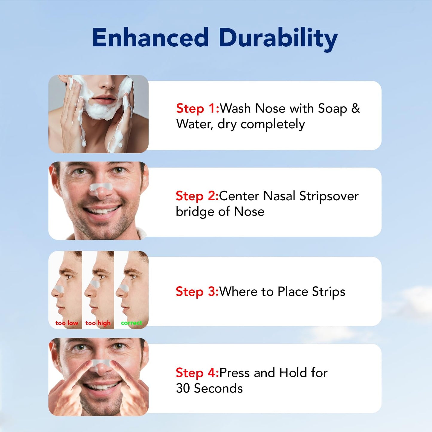 60 Pcs Nasal Strips for Snoring - Extra Strength Nose Strips for Breathing with Strong Adhesion - Sweat Resistant Design for All Day Use - Improves Sleep and Workout Performance - Clear