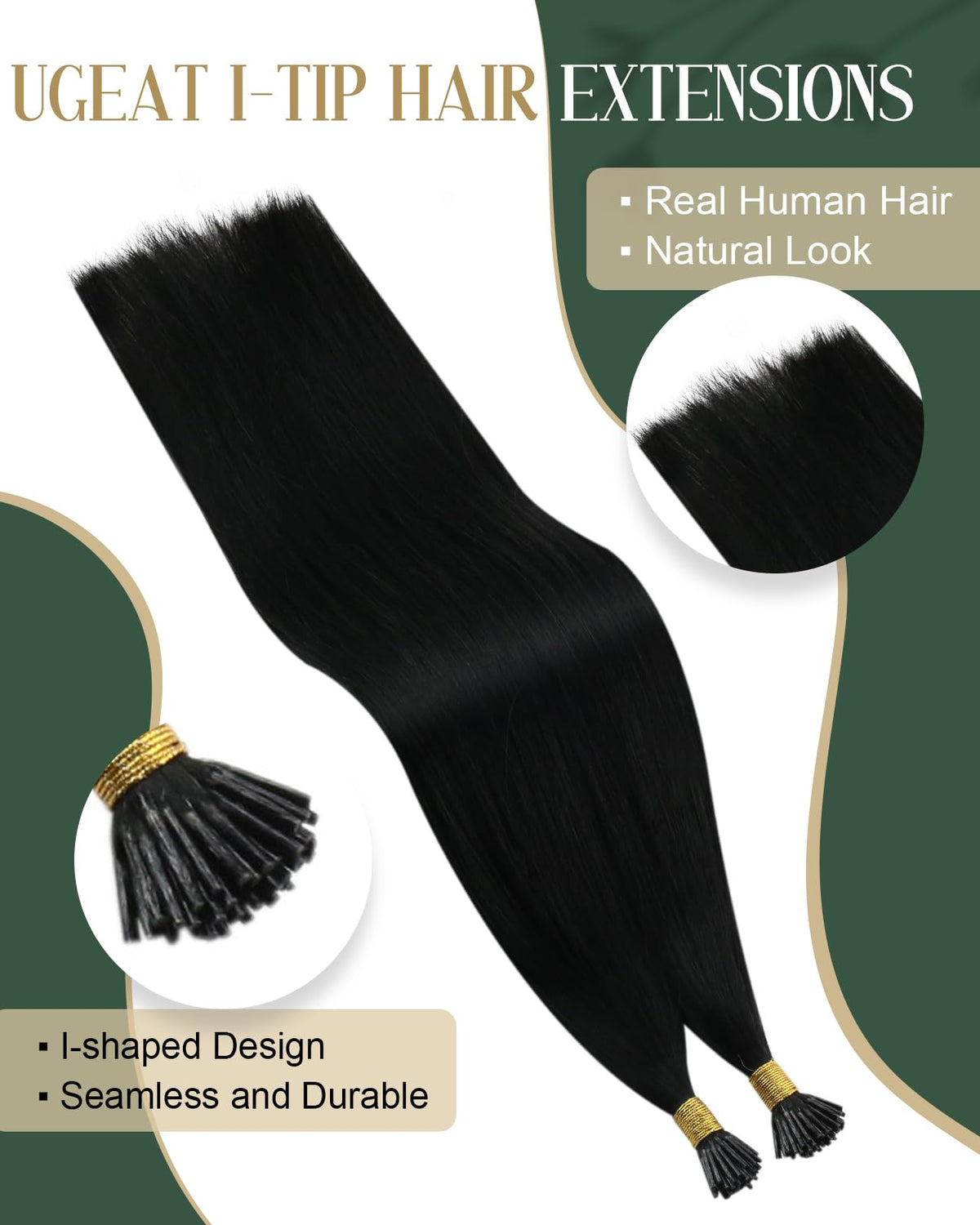 Ugeat Black I Tip Hair Extensions Human Hair Long Straight Jet Black Itip Human Hair Extensions I Tip Invisible Silky Smooth Nat