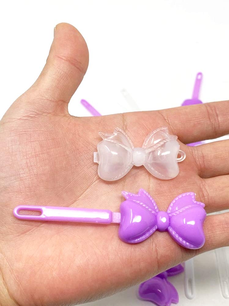 Tara Girls Super Cute Self Hinge Plastic Mulit Design Hair Barrettes Selection. 20pc white clear purple mix bow shape.