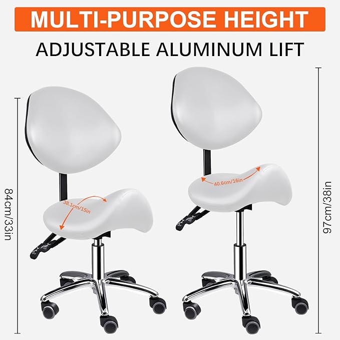Saddle Stool with Back Support, 400lbs Adjustable Salon with Wheels, Heavy Duty Rolling Ergonomic Rolling Esthetician Seat for Home Office Salon Shop Dentist Clinic, for People 5 ft to5.8 ft Tall