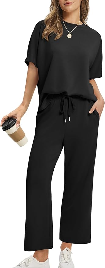 Sampeel Two Piece Sets for Women Summer Outfits Oversized Wide Leg Crop Pants Lounge Sets Airport Beach Vacation Clothes