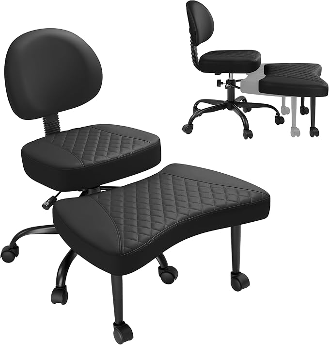 GUNJI Ergonomic Criss Cross Legged Office Chair, 360° Swivel Meditation Kneeling Chair with Wheels, ADHD Chair with Footrest, Lumbar Support, Wider Height Adjustable Seat (Faux Leather, Black)