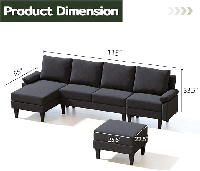 Topcomfy U-Shaped Sectional Couches for Living Room, Convertible 4 Seat Modular Sectional Sofa Set with Ottoman, Modern L Shaped Couch with Chaise for Bedroom Apartment and Office, Chenille Black