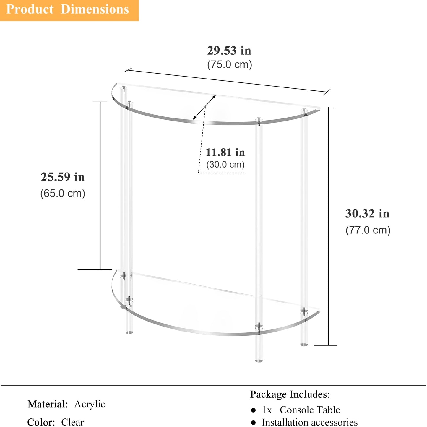 DOHWSK Acrylic Console Table, 2-Tier Half Moon Sofa Couch Table with Storage Shelf, 29.53" Narrow Entryway Table for Bedroom, Living Room, Foyer, Hallway (Clear)