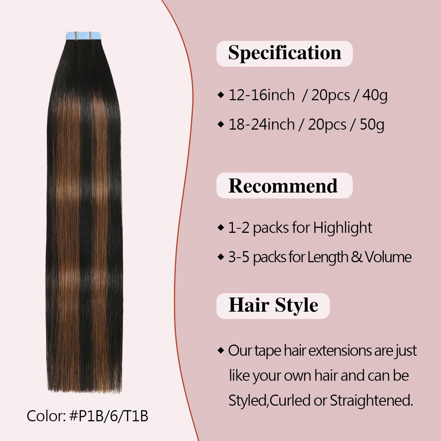 Sunya Tape in Hair Extensions Human Hair Balayage Natural Black to Chestnut Brown 12 Inch 40g/pack 20pcs Straight Seamless Skin