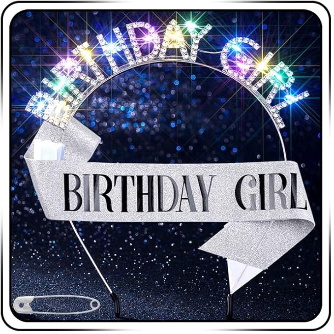 Uranian Light Up Birthday Headbands and Sash LED Rhinestone Halo Crowns Glow Birthday Party Favor Hair Accessories for Women