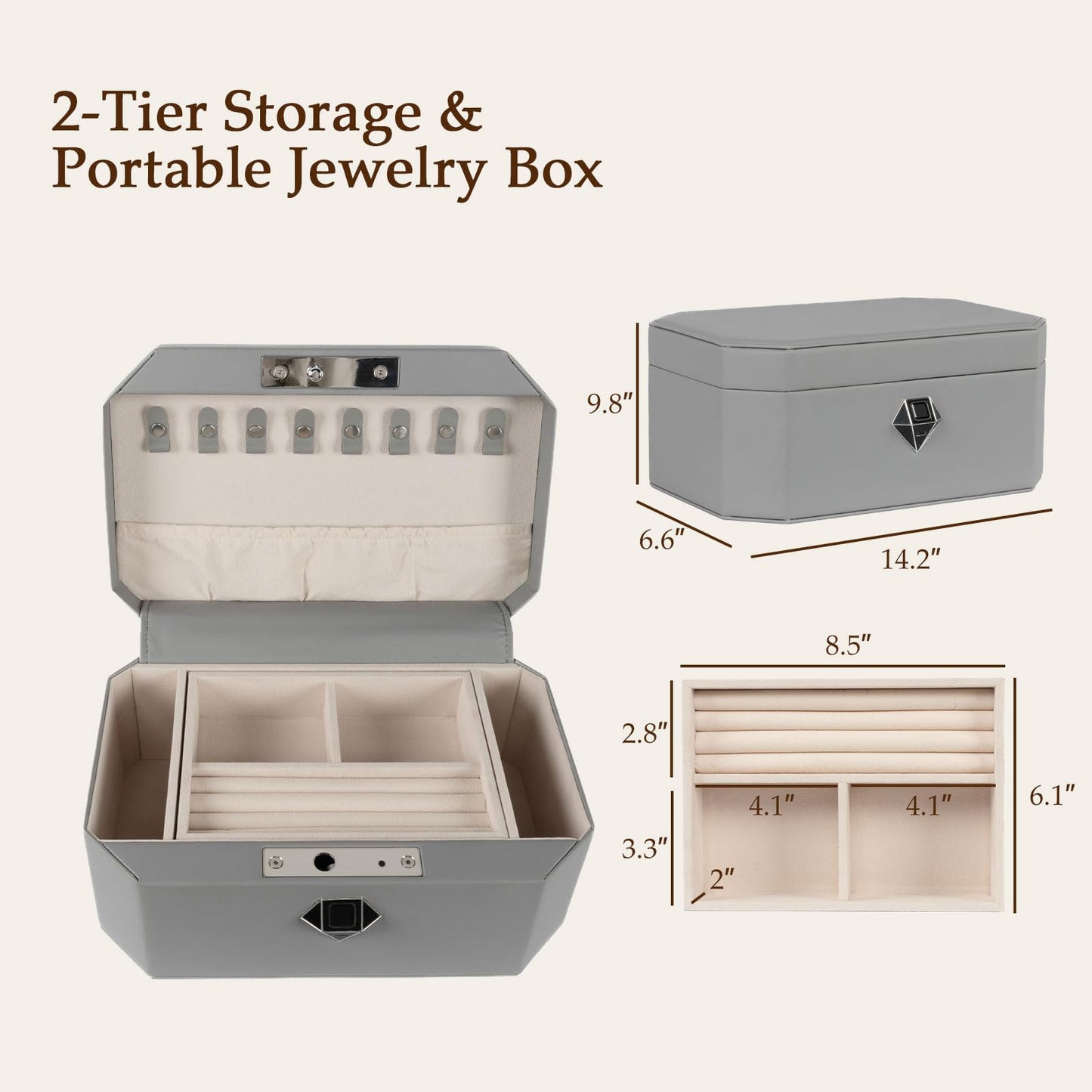 VALINIRT Jewelry Safe，Biometric Fingerprint safe, Leather Wrapped Jewelry Box with Lock, Quick-Access & Keyless Entry(Two-Tier Gray)