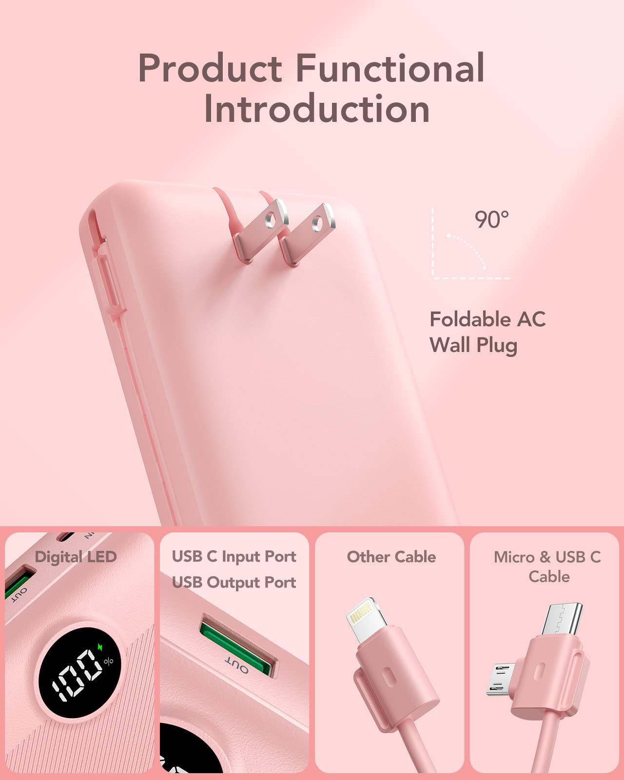 Vrurc Portable Charger 20000Mah, Fast Charging Power Bank Usb C,4 Output 2 Input Travel Essentials Charging Bank Equipped With L
