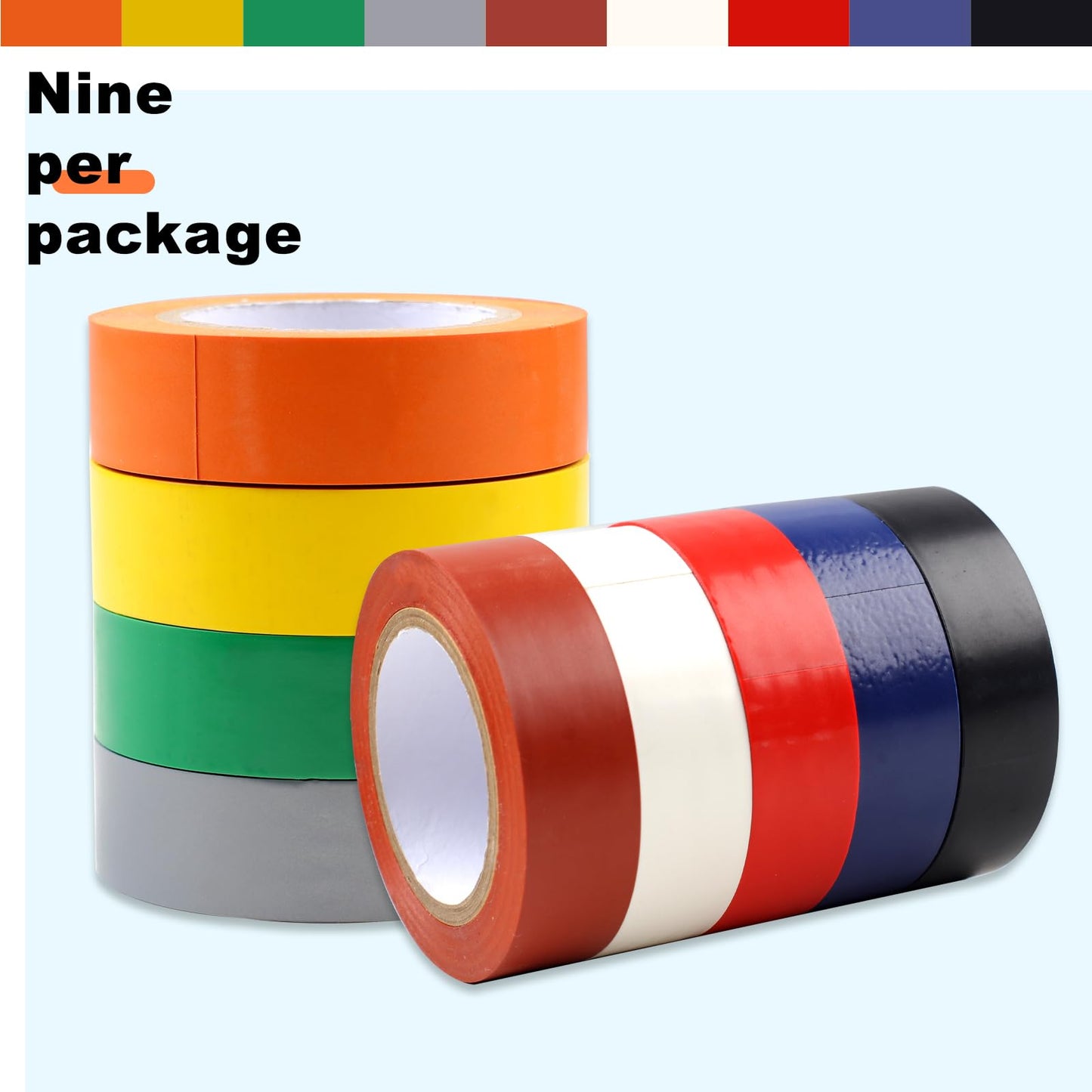 Romeda 9 Pack Coloured Electrical Tape, Electrical Tape Colours Water, Sun, and Oil Resistant, Suitable for Most Domestic, Commercial, and Industrial environments.