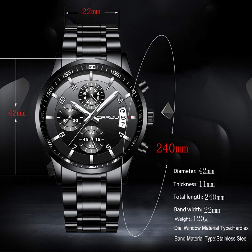 CRRJU Men's Black Watch Fashion Business Chronograph Quartz Wristwatches,Luxury Stainsteel Steel Band 3ATM Waterproof Watch for Men