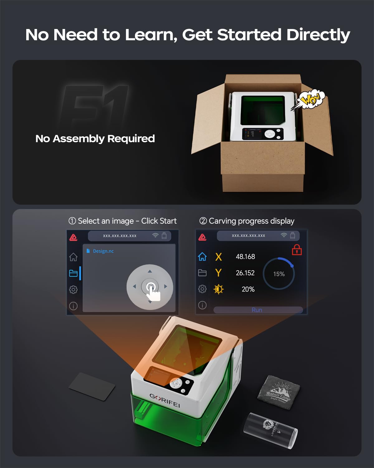 Gorifei F1 5000mW Laser Engraver Machine, Portable & Smart with Display Screen, Wireless/SD Card/Offline Engraving, Deeplaser Self Developed System for Wood, Acrylic, Leather, Laser Class 1