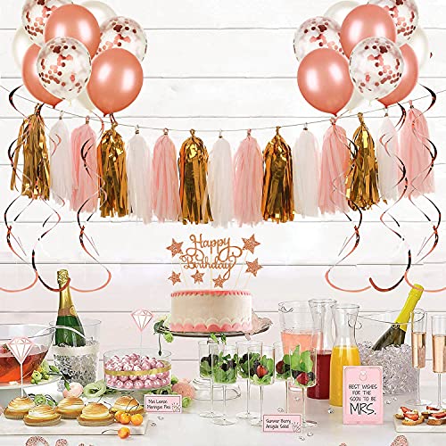 Rose Gold & Pink Party Decorations Set - Happy Birthday Banner, DIY Cake Topper, Circle Dots & Swirls Garlands, Tissue Pap...