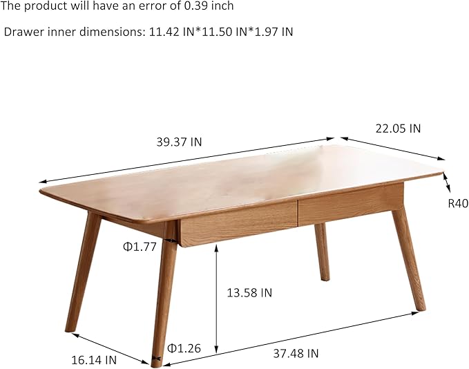 QKFF Solid Wood Coffee Table with Drawers - 100% North American FAS Grade Oak, Traditional Mortise and Tenon Craftsmanship, Low Table for Living Room & Home Office Eco-Friendly Finish