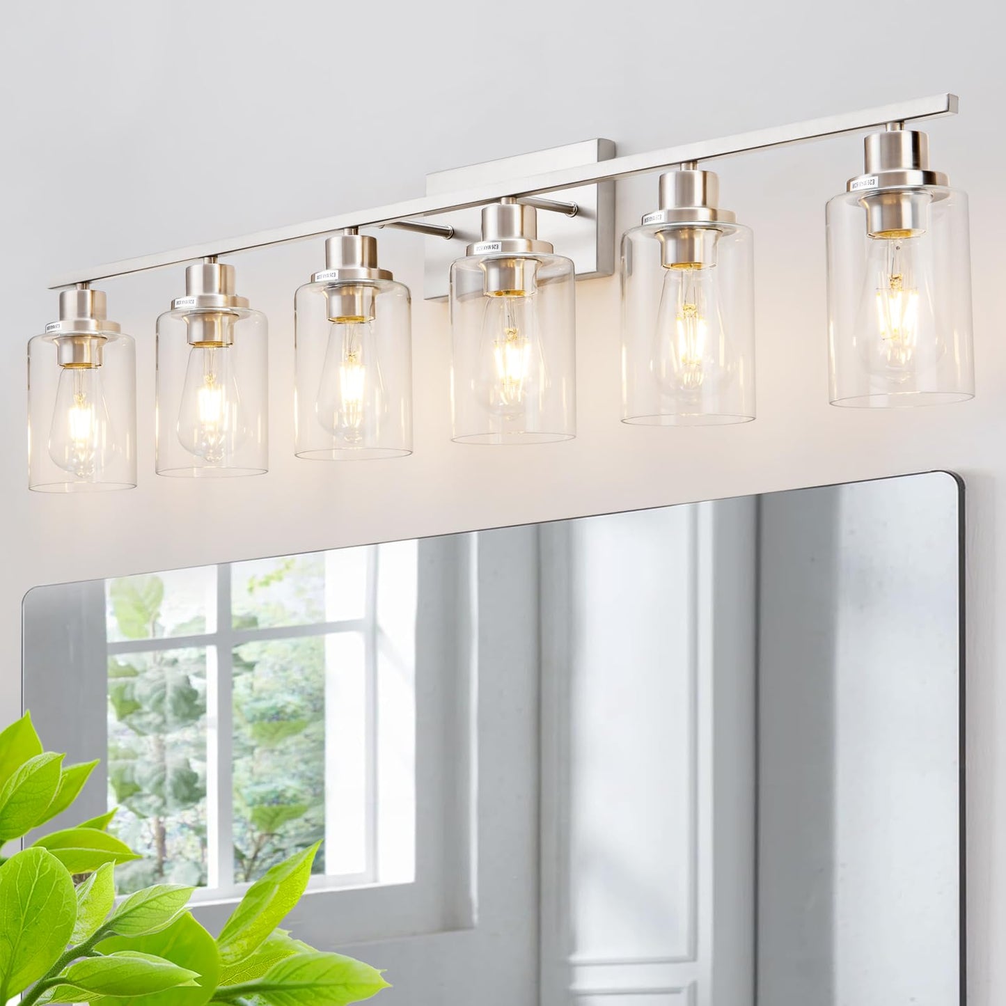 HCCZ 6 Light Bathroom Light Fixtures Brushed Nickel Vanity Light Over Mirror Modern Farmhouse Wall Lighting Sconces Wall Lamp for Bathroom, Bedroom, Living Room E26 Socket with Glass Shade