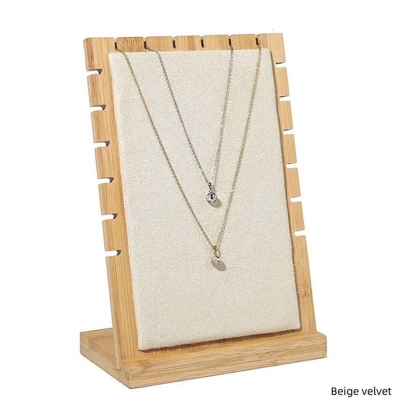 RJ Displays Set of 2 Large Beige PU & Bamboo Wood Necklace Jewelry Display Boards – Adjustable Necklace Holder Stands for ...