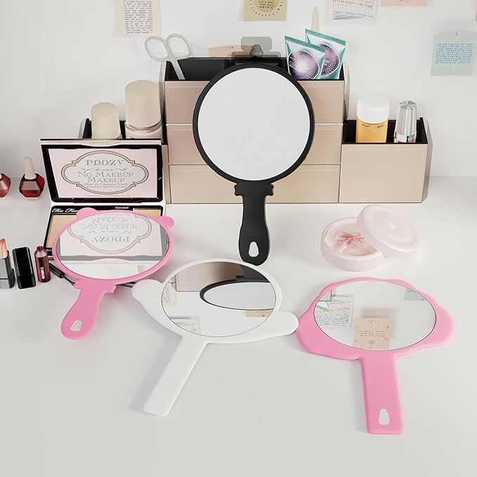 Hand Mirror, 2 Pcs Portable Hand Mirrors with Handle, See Back of Head Haircut Personal Handheld Travel Small Ladies' Makeup Eyelash Mirrors (White, 5.91" L x 9.84" W (Round))