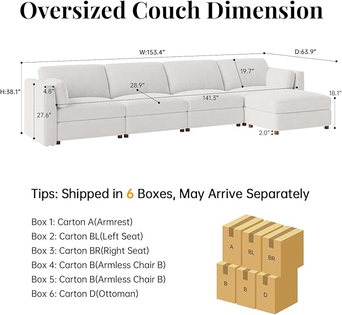 CUGOAO 153.4'' Modular Sectional Sofa, Oversized L-Shaped Sectional Couch with Ottoman, Deep Seat Chenille Cloud Couch, Mordern Upholstered Couches for Living Room, Apartment, Office, Beige