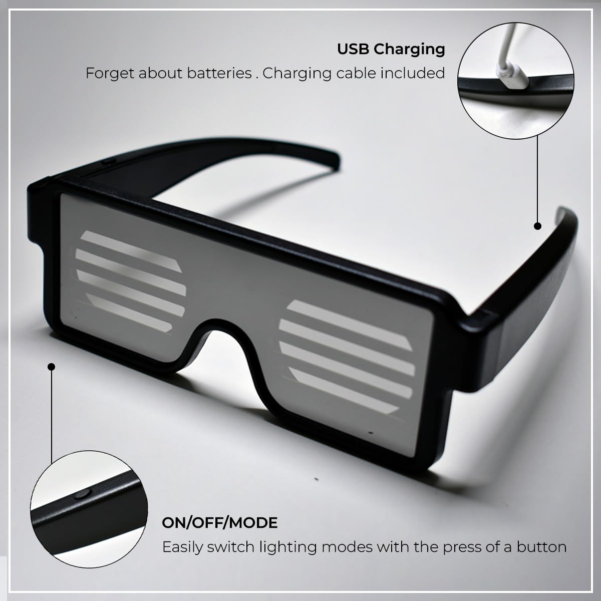 LED Glasses – Light Up Sunglasses for Raves & Parties, USB Rechargeable Neon Glow with 11 Flashing Modes (Multicolor)