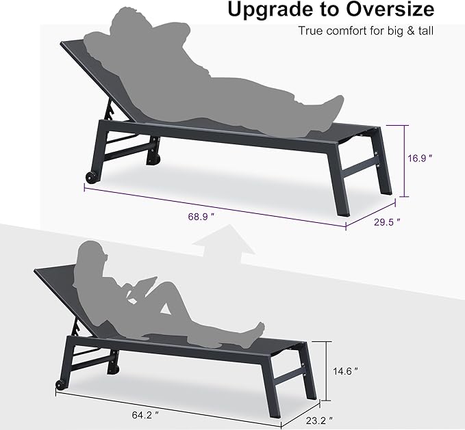 PURPLE LEAF Outdoor Chaise Lounge Set for 2 Oversized Pool Lounge Chairs with Easy-to-Move Wheels and Adjustable Backrest Extra Large Patio Loungers for Poolside Deck Beach Table Included, Dark Grey