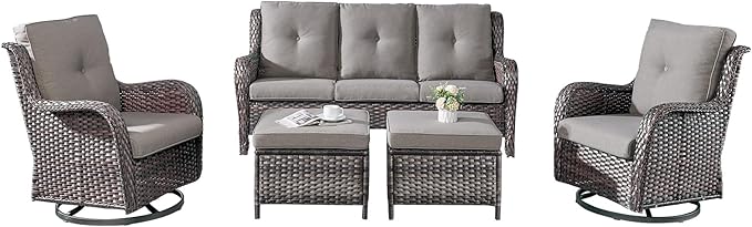 Rilyson Wicker Patio Furniture Set - 5 PC Rattan Outdoor Sectional Conversation Sets with 2 Rocking Swivel Chairs,2 Ottomans and 1 Sofa for Porch Deck Garden(Mixed Grey/Grey)