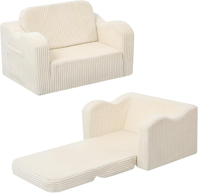 MeMoreCool Toddler Chair 2‑in‑1 Foldable Kids Couch Bed, Beige (Ages 1‑3) – Corduroy Lounge Chair That Pulls Out into Sofa‑Bed | High‑Density Foam, Machine‑Washable Cover for Little Ones