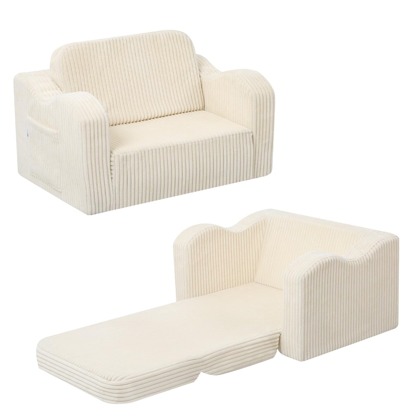 MeMoreCool Toddler Chair Comfy for 1-3 Years Old, Corduroy Kids Couch Bed Fold Out, 2-in-1 Foldable Baby Lounge Chair, Pull Out Children Sofa Bed, Beige