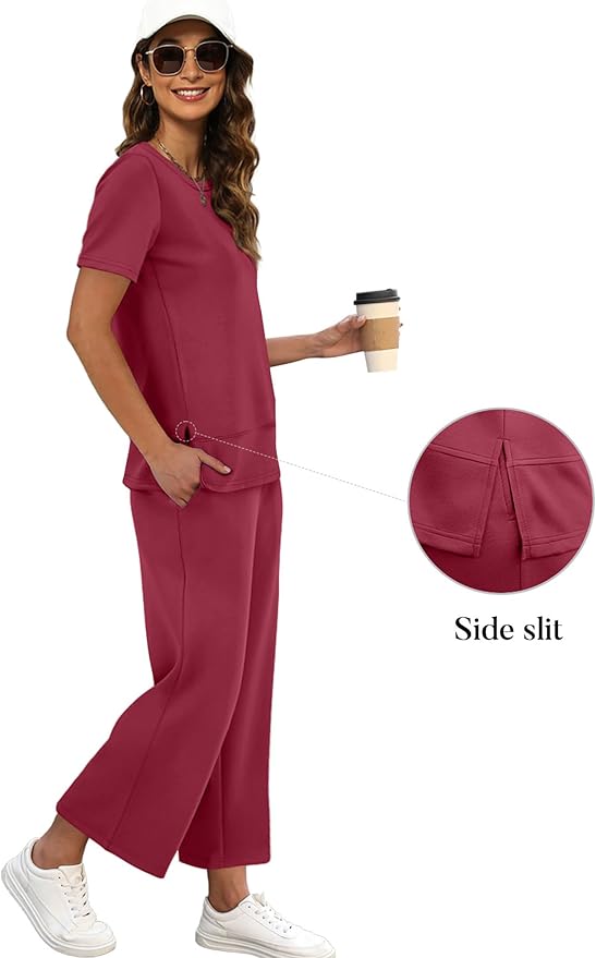 XIEERDUO Women's Side Slit Lounge Sets 2026 Fashion 2 Piece Travel Outfits Cozy Loungewear Wide Leg Tracksuits S-3XL
