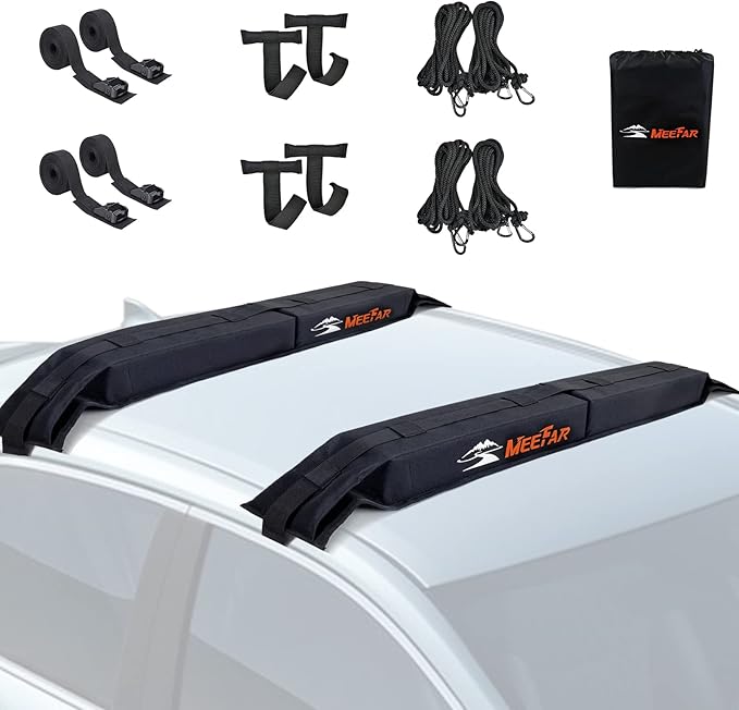 MeeFar Universal Car Soft Roof Rack Pads Luggage Carrier System for Kayak Surfboard SUP Canoe Include 2 Heavy Duty Tie Dow...