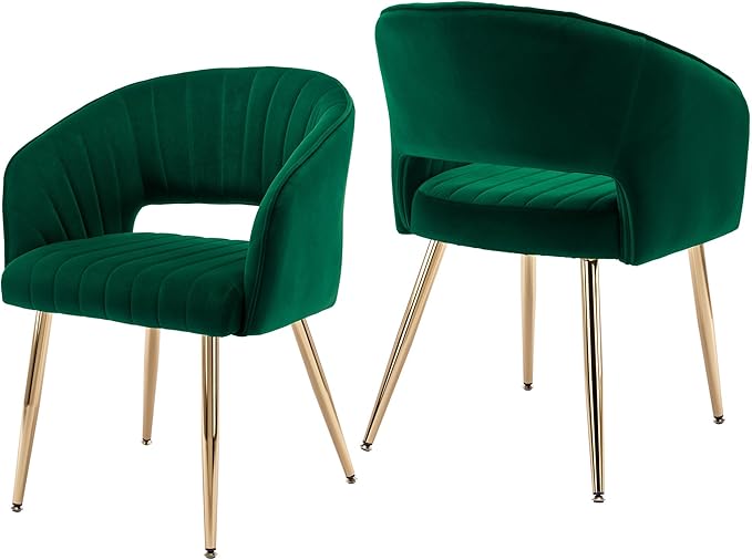 KCC Modern Accent Dining Chairs Set of 2, Upholstered Velvet Dining Room Chairs with Hollow Back, Tufted Kitchen Chairs Side Chair with Gold Metal Legs for Living Room Restaurant, Green